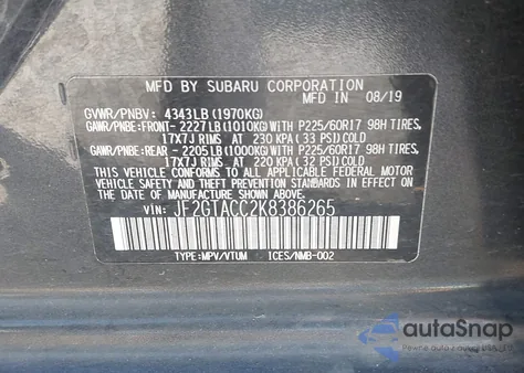 2019 Subaru Crosstrek 2.0I Premium z USA, uszkodzony, nr VIN JF2GTACC2K8386265